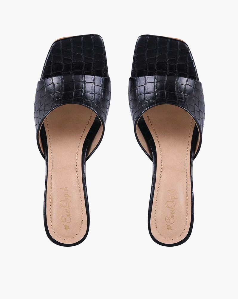 Chic Black Croc-Embossed Slide Sandals