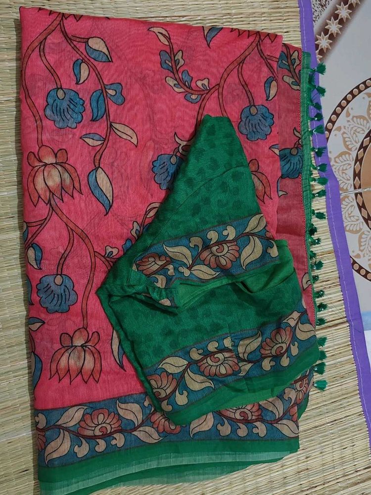 Beautiful Pink Floral Saree with Green Blouse
