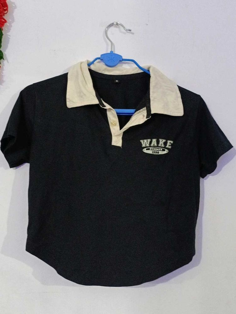 Black Graphic Crop Polo Shirt