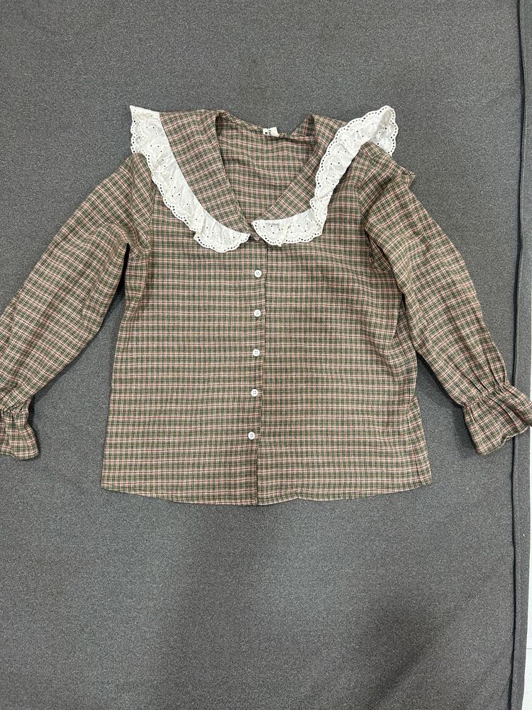 Brown Plaid Button-Up Top with Lace Collar