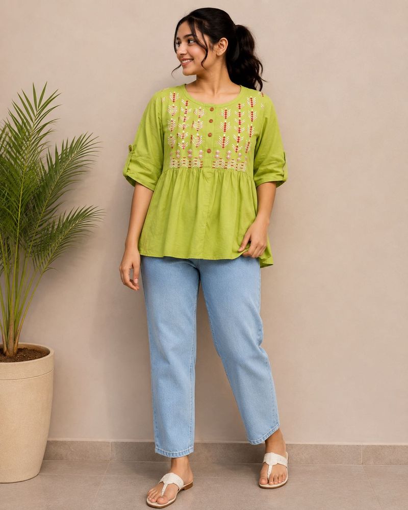 Embroidered Green Kurti
