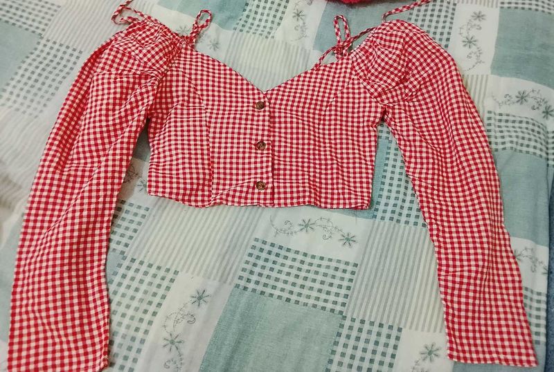 Red Gingham Crop Top with Tie Sleeves