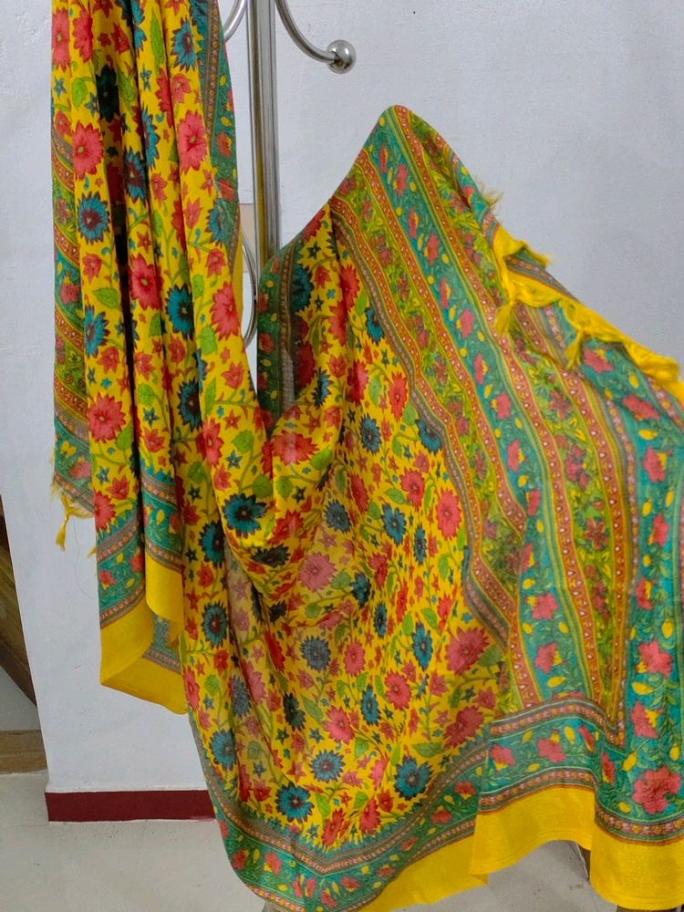 Yellow Floral Printed Dupatta With Beautiful Green Border