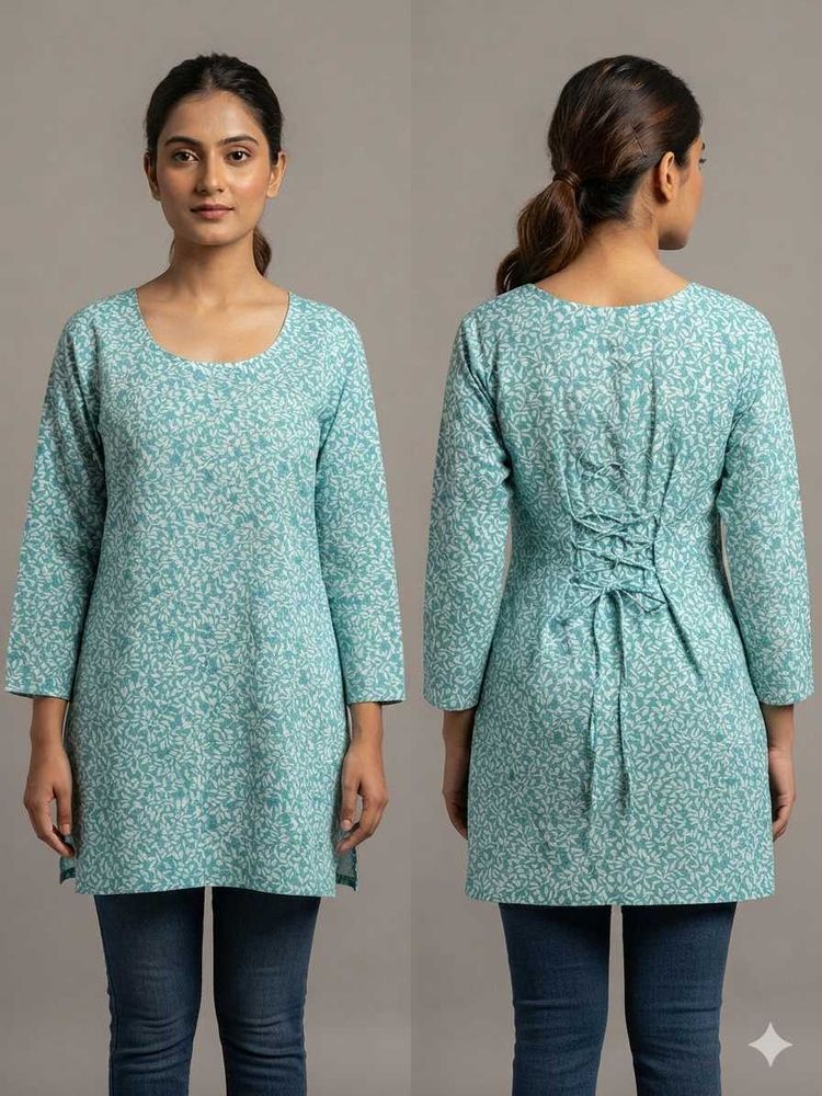 Teal Printed Cotton Kurta with Back Tie-Up