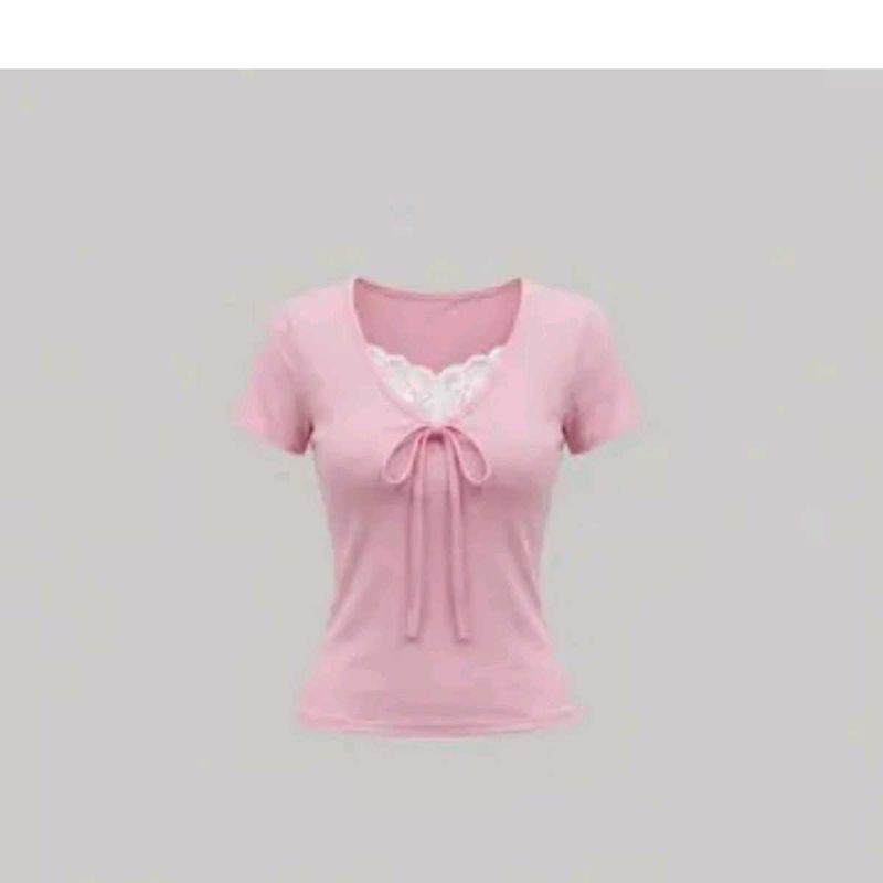 Cute Pink Lace Trim Tie-Front Top