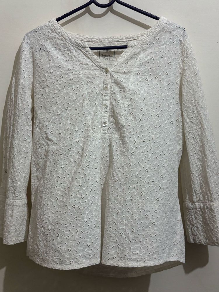 White Eyelet Detail Tunic Top