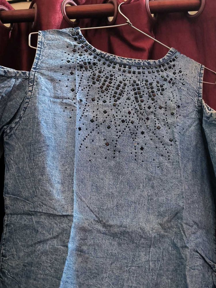 Stylish Denim Cold Shoulder Top