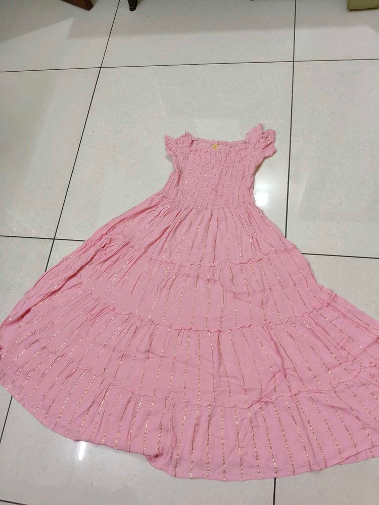 Pink Tiered Maxi Dress with Gold Accents