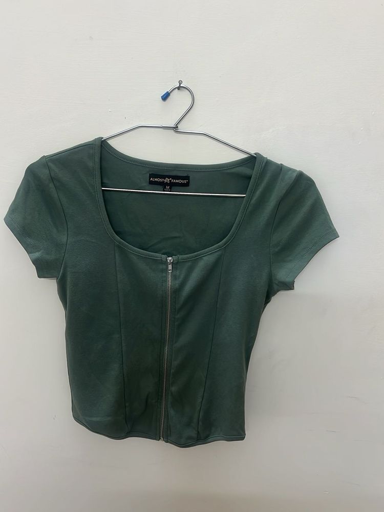 Green Zip-Up Crop Top
