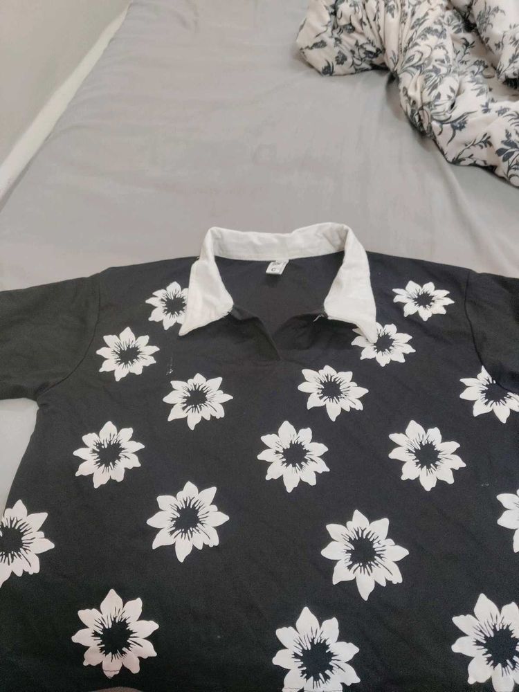 Black Floral Print Collared Top