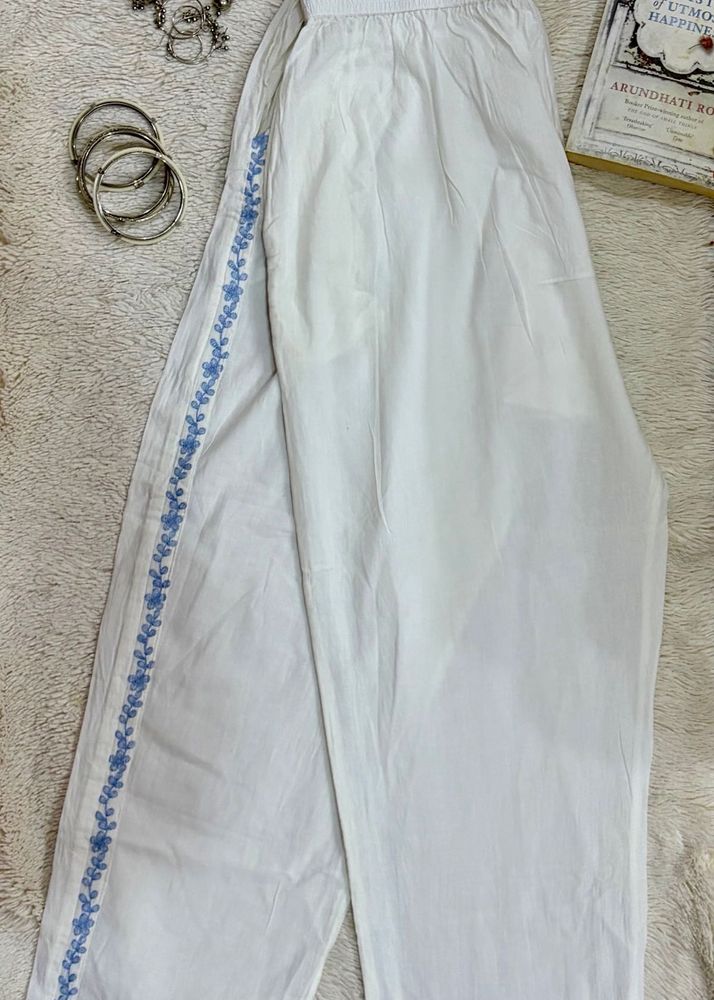 White Palazzo Pants with Blue Embroidery