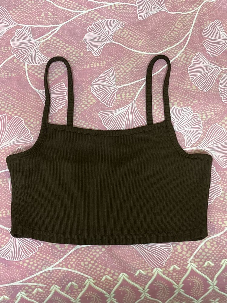 H&amp;M BrownRibbed Spaghetti Strap Crop Top