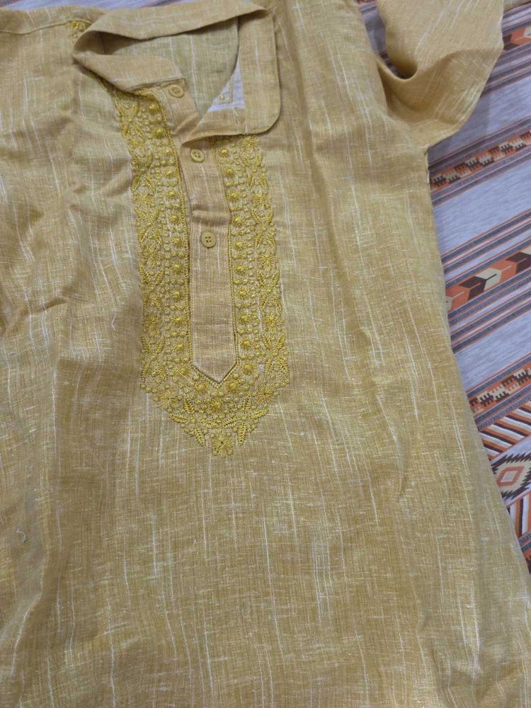 Men's Yellow Embroidered Kurta