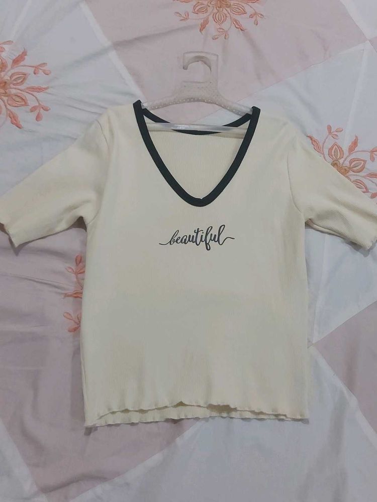 ribbed crop top with 'beautiful' print