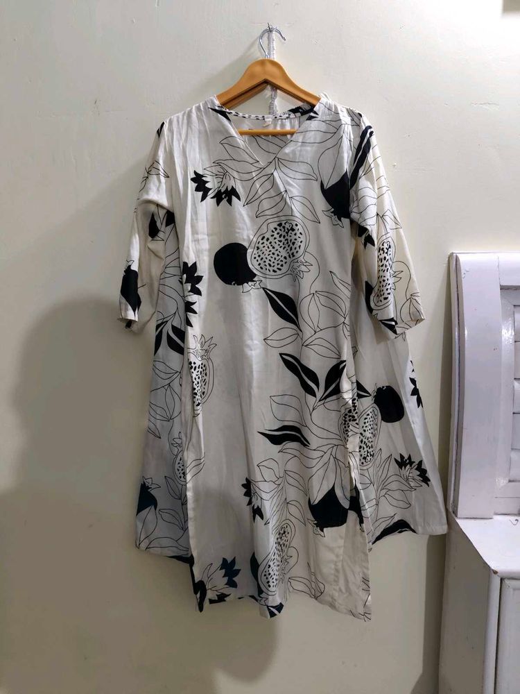 Stylish Off-White Kurta with Black Fruit Print