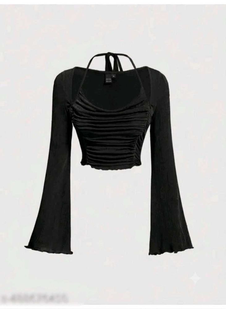 Black Ruched Long Sleeve Crop Top