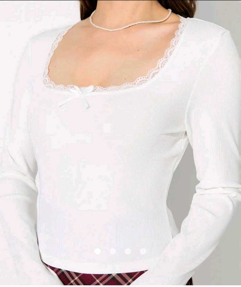 White Lace Trim Long Sleeve Top