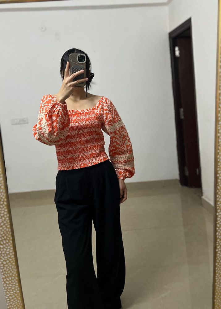 Orange Floral Smocked Crop Top w puff sleeves