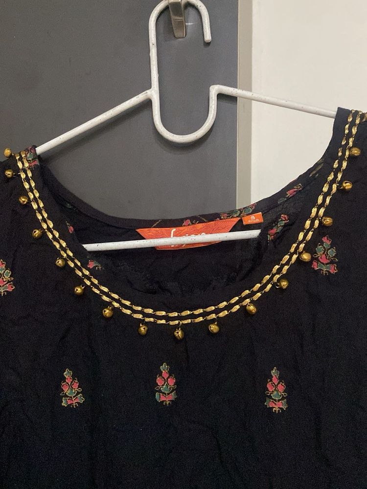 Elegant Black Kurta with Embellished Neckline
