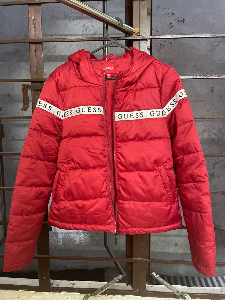 Red Guess Puffer Jacket with Logo Tape