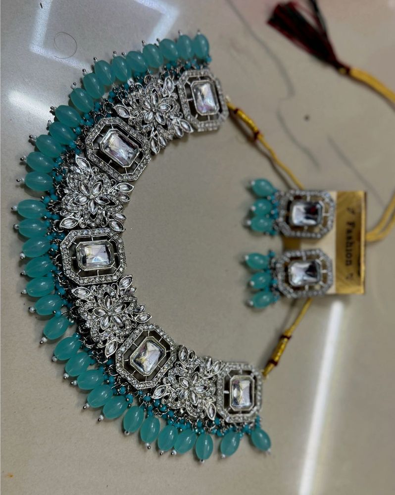 Teal Beaded Silver Necklace &amp; Earring Set
