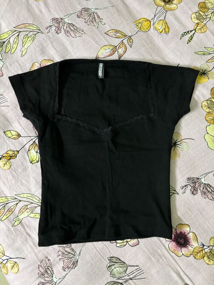 Black Lace Trim Square Neck Top