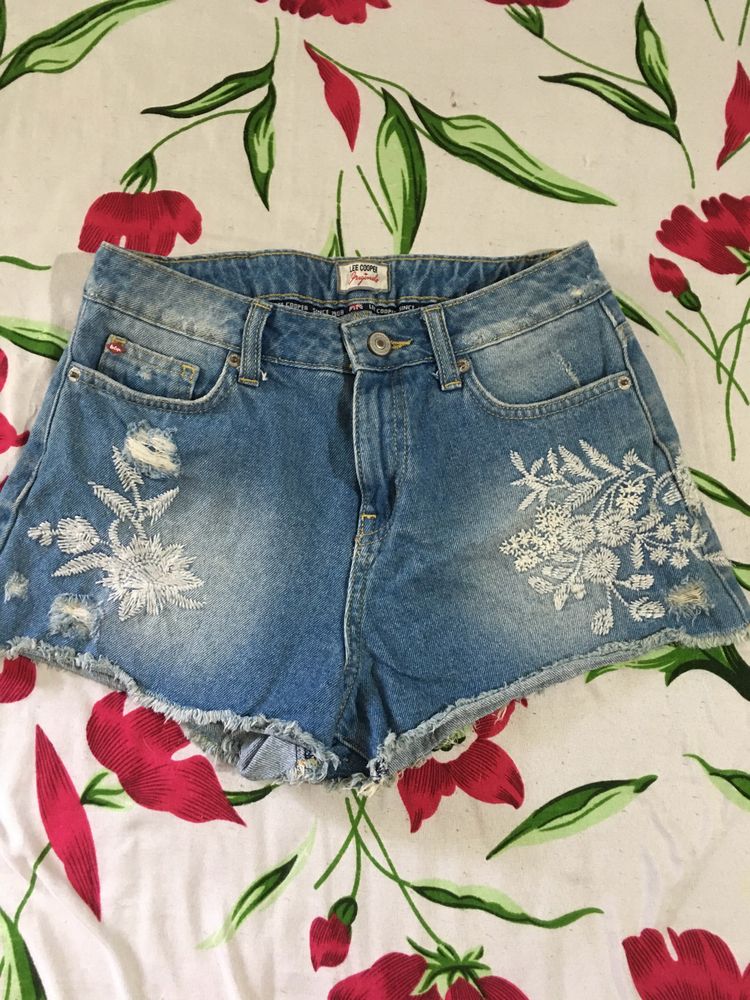 Denim  Shorts with Floral Lace Detail