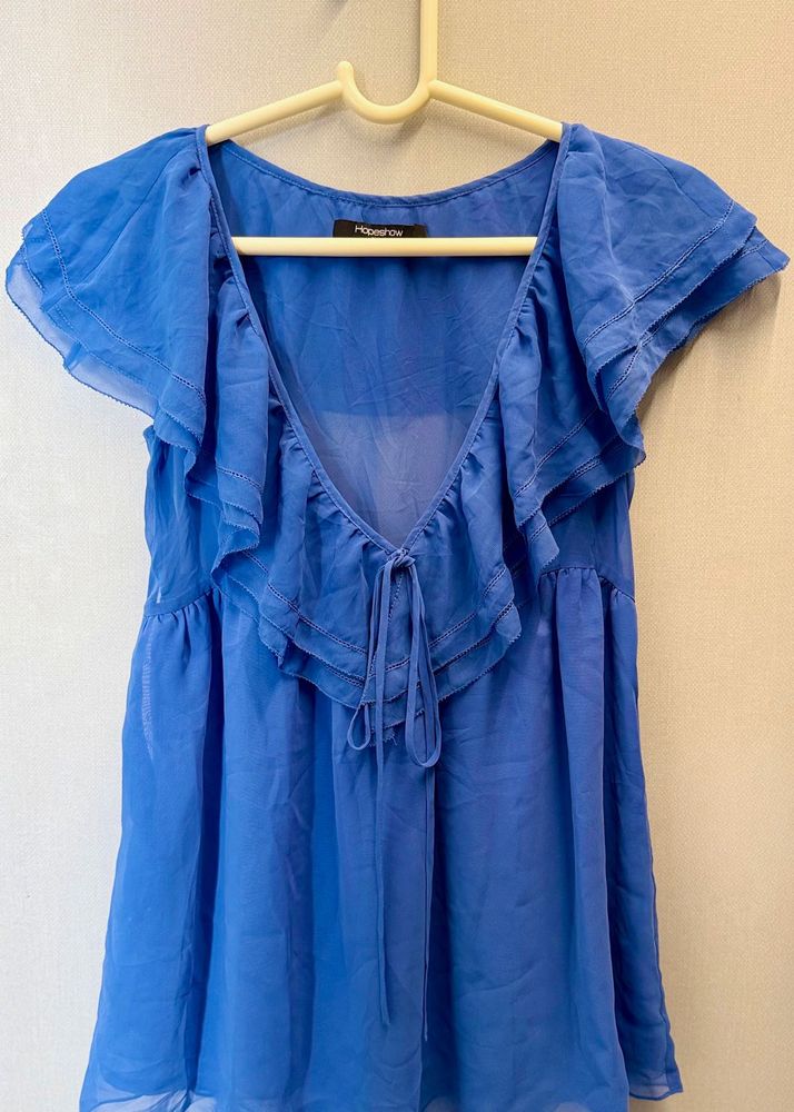 Blue Ruffle V-Neck Tie Top
