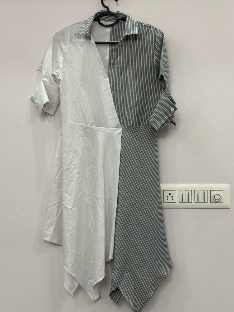 Split Design Asymmetrical Striped Shirtdress
