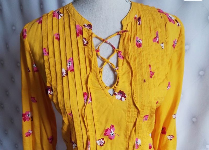 Yellow Floral Lace-Up Top