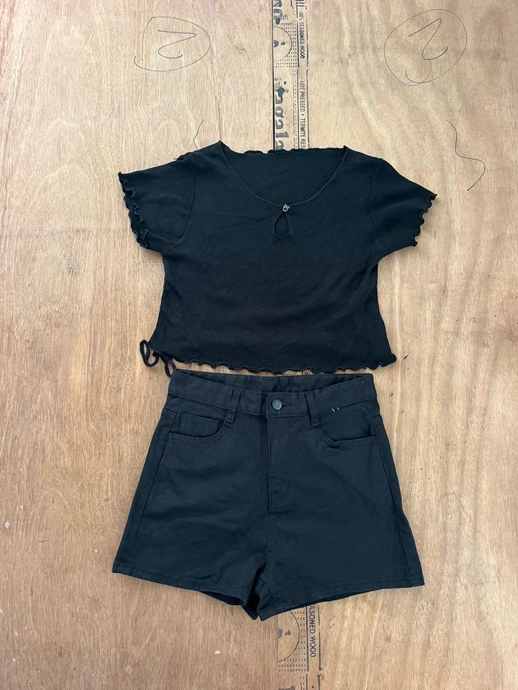 Cute Black Crop Top &amp; Shorts Set