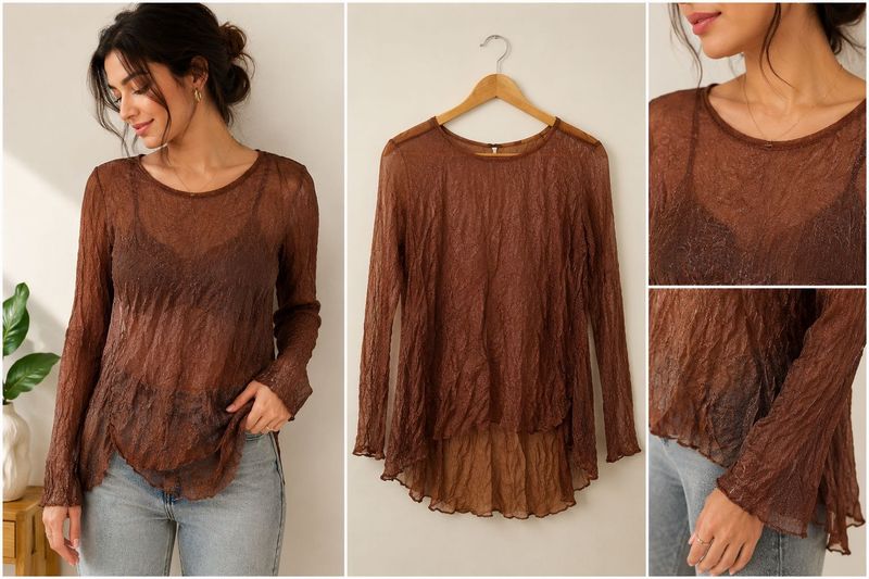 Brown Textured Sheer Long Sleeve Top