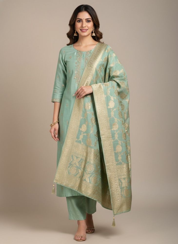 Elegant Sea Green Banarasi Silk Suit Set