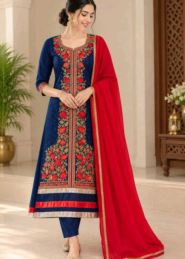 Embroidered Navy Blue Kurta Set