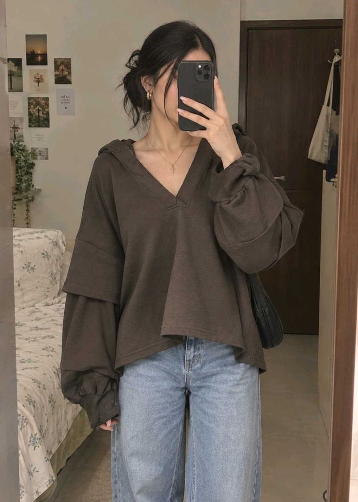 Oversized Hooded V-Neck Sweatshirt