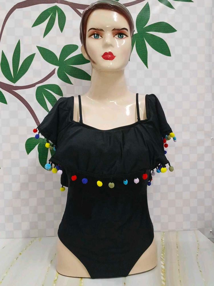 (285)Black Ruffle Pom-Pom Swimsuit