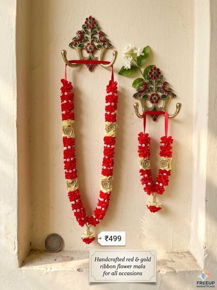 Handcrafted Red &amp; Gold Flower Mala