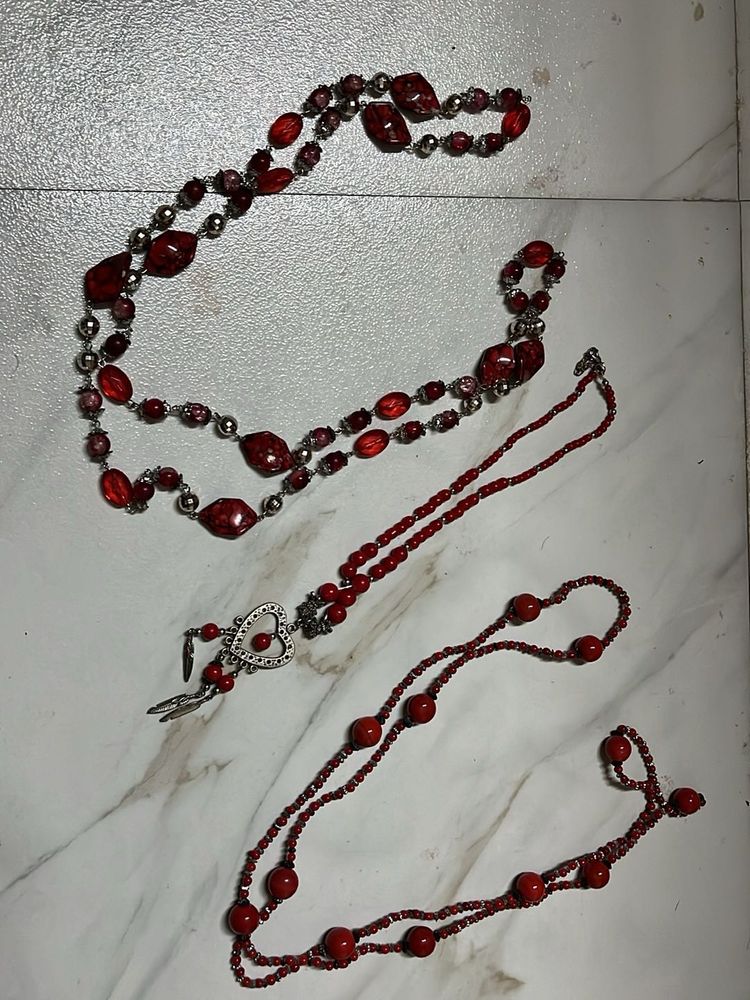 (New) Bundle of 3 Red Beaded Necklaces