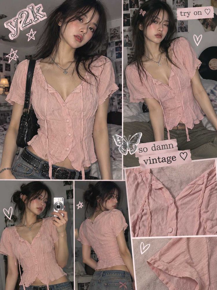 Y2K Pink Ruffle Button-Up Top