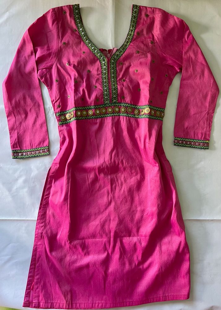 Pink Embroidered Kurta For Girls