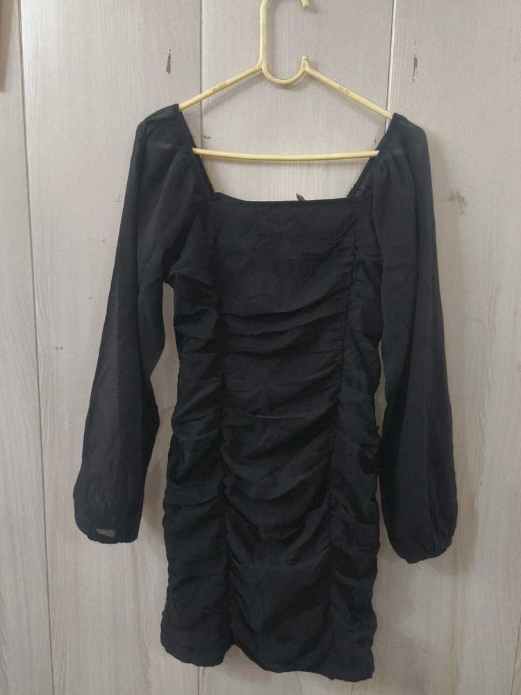 Black Ruched Square Neck Dress