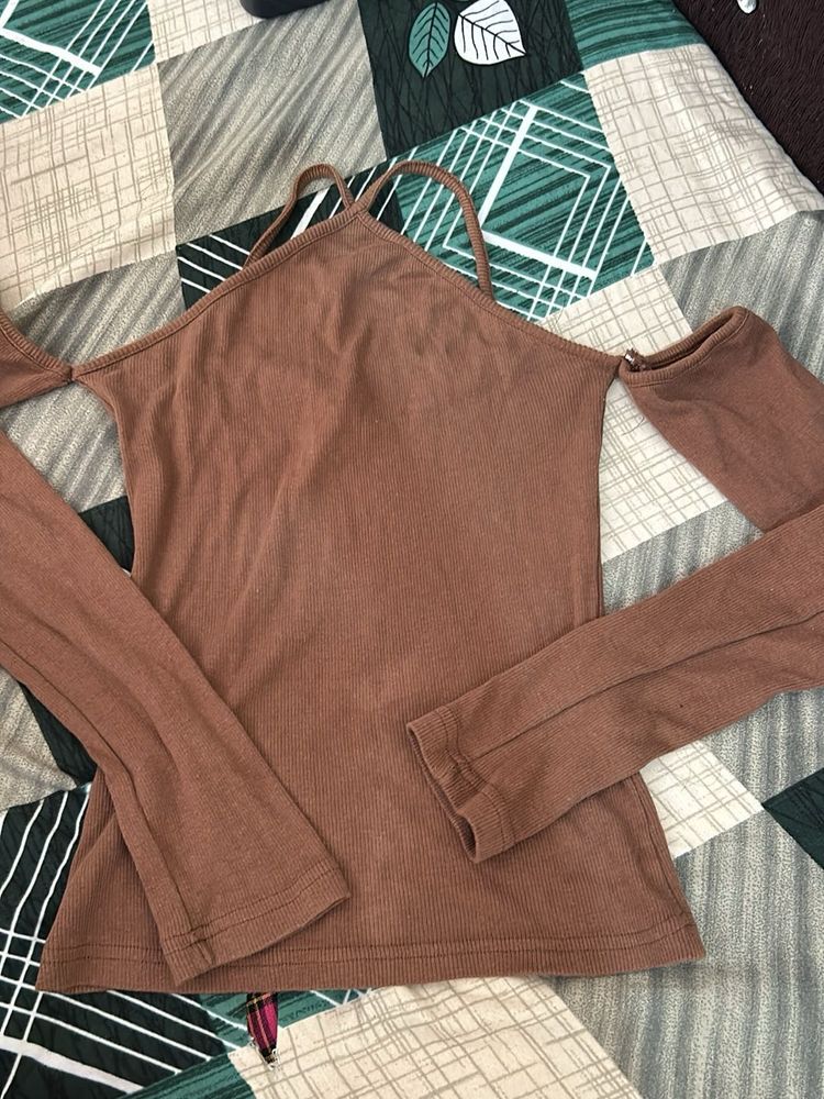 Ribbed Long Sleeve Cold Shoulder Top