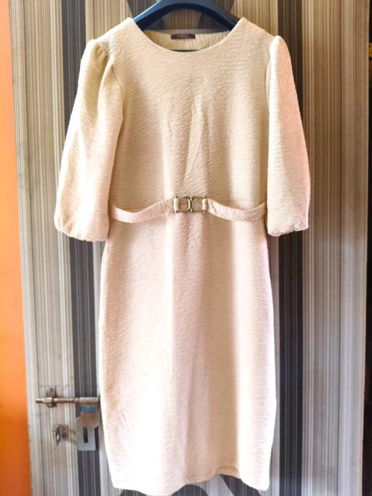 Cream Textured Puff Sleeve Dress