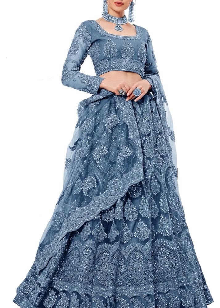 Blue Net Semi Stitched Lehenga