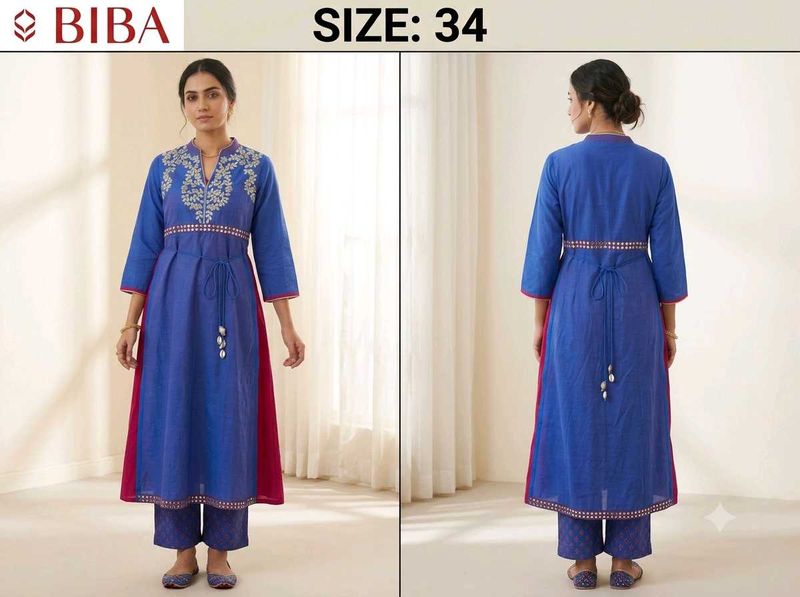 BIBA Royal Blue &amp; Magenta Embroidered Kurti