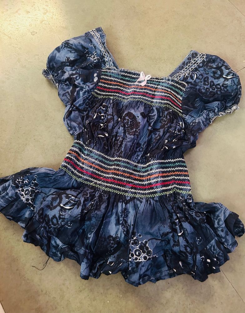 Navy Blue Peplum Top With Balloon Sleeves