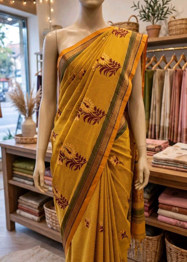 Orange Cotton Saree with Floral Embroidery