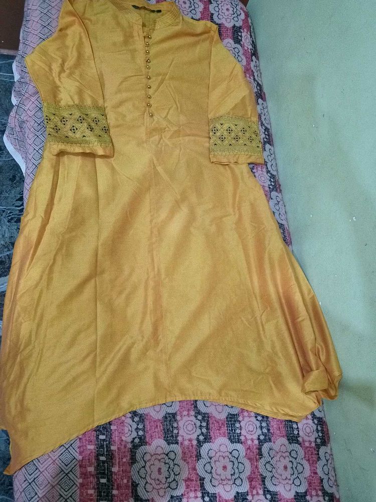 Yellow Kurta with Lace Sleeves
