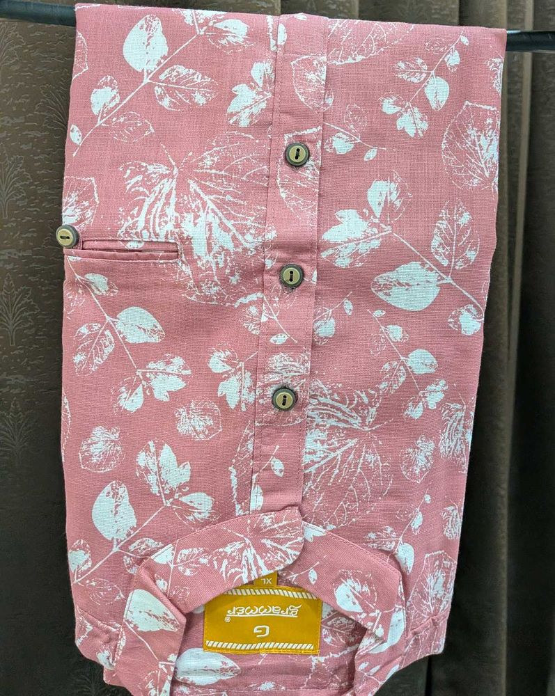 Men's Pink Leaf Print Short kurta