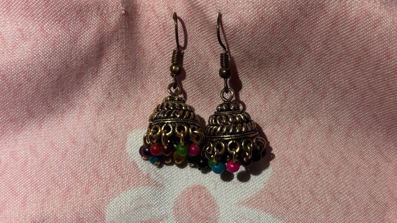 golden Jhumka Earrings with Beads